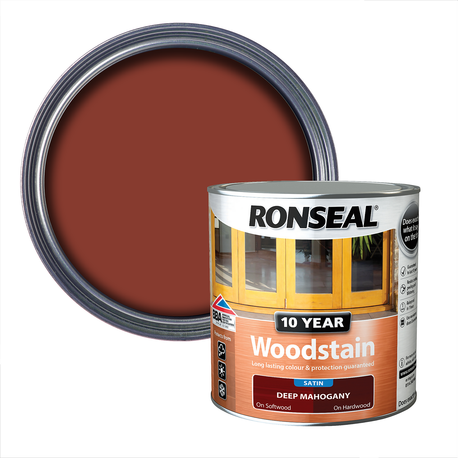 Ronseal 10 Year Woodstain Deep Mahogany Satin - 750ml 3 Ronseal 10 Year Woodstain Deep Mahogany Satin - 750ml