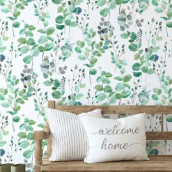 Fresco Watercolour Green Leaves White Grey Wallpaper -Paint Store 13991828 1125003725130025