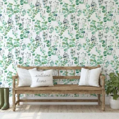 Fresco Watercolour Green Leaves White Grey Wallpaper -Paint Store 13991828 1405003725087989